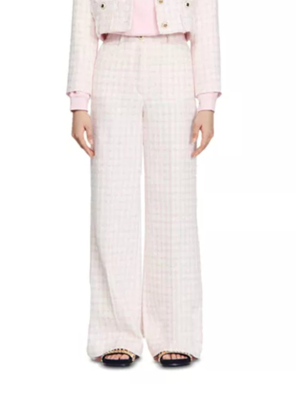 Sandro Pink Houndstooth Wide Leg Tweed Pants - Size M